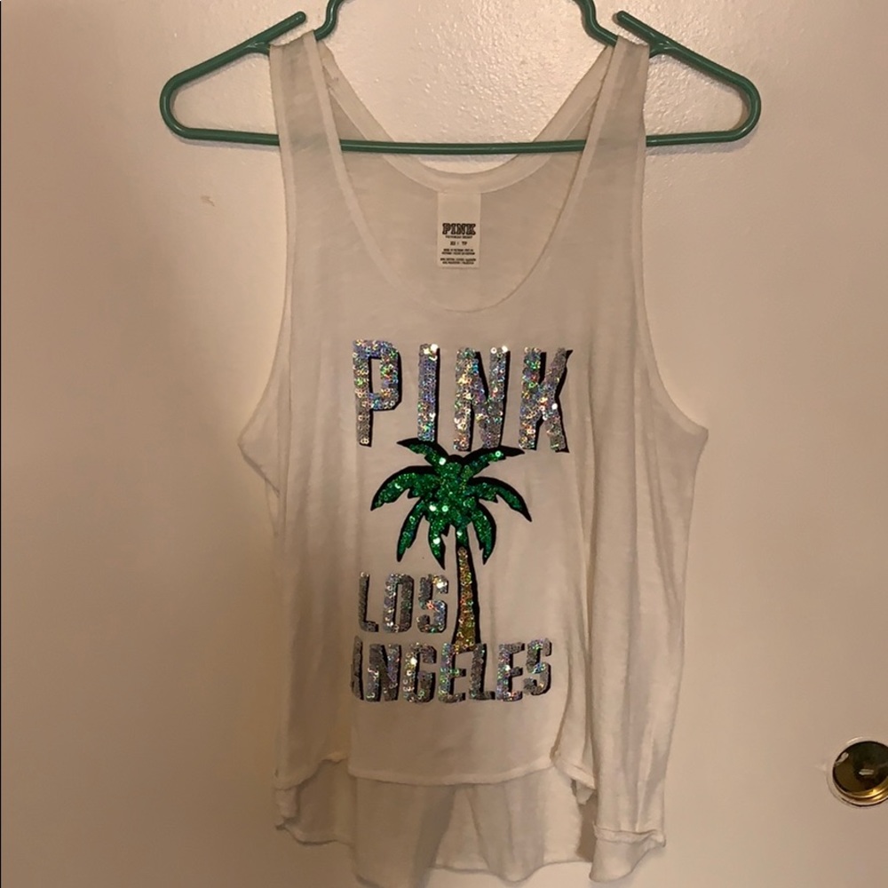 VS Pink White sparkly tank top palm tree